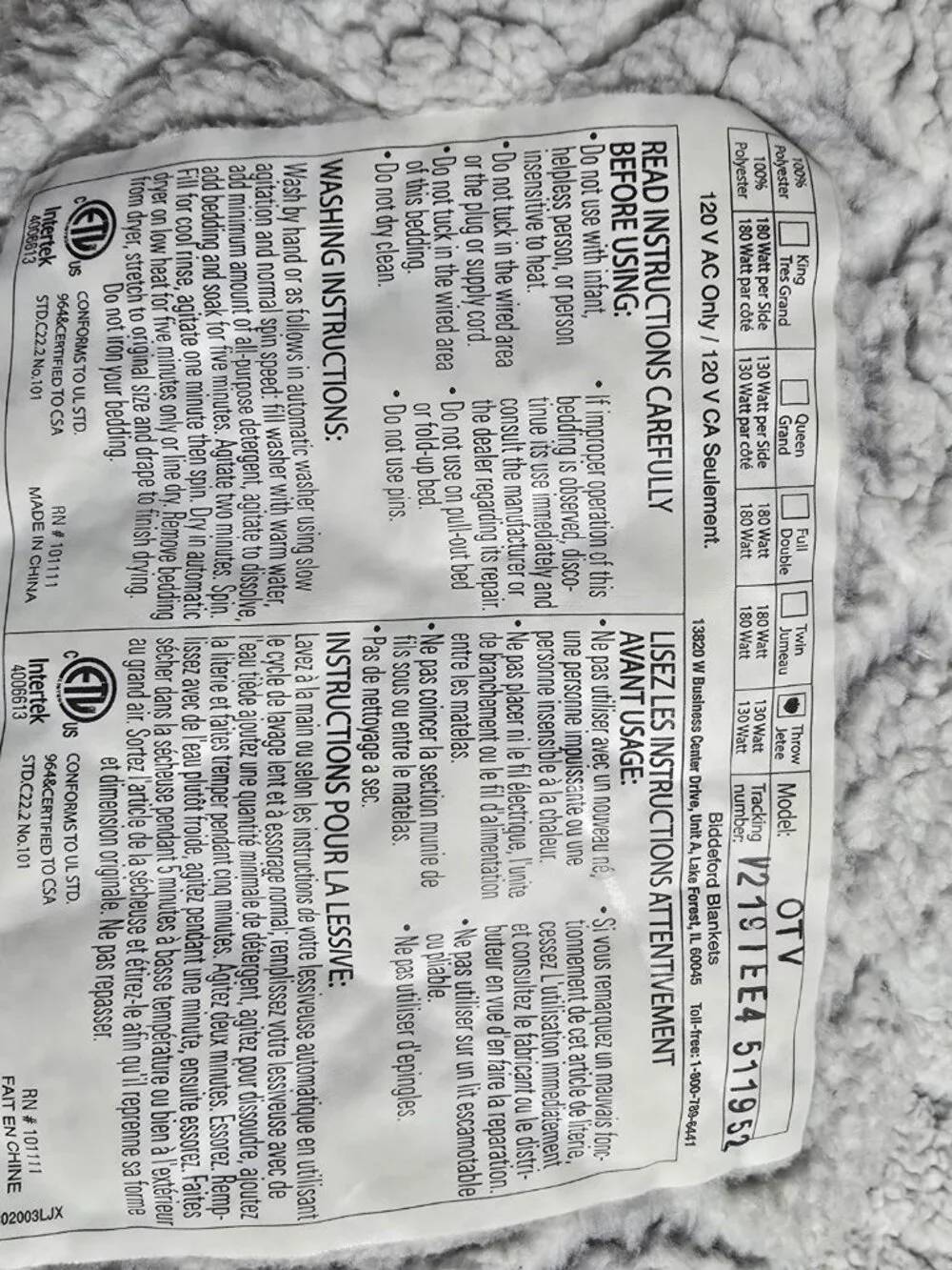 Biddeford Heated throw blanket